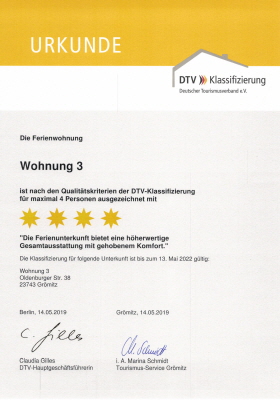 W3 Klassifizierungsurkunde DTV 4 Sterne